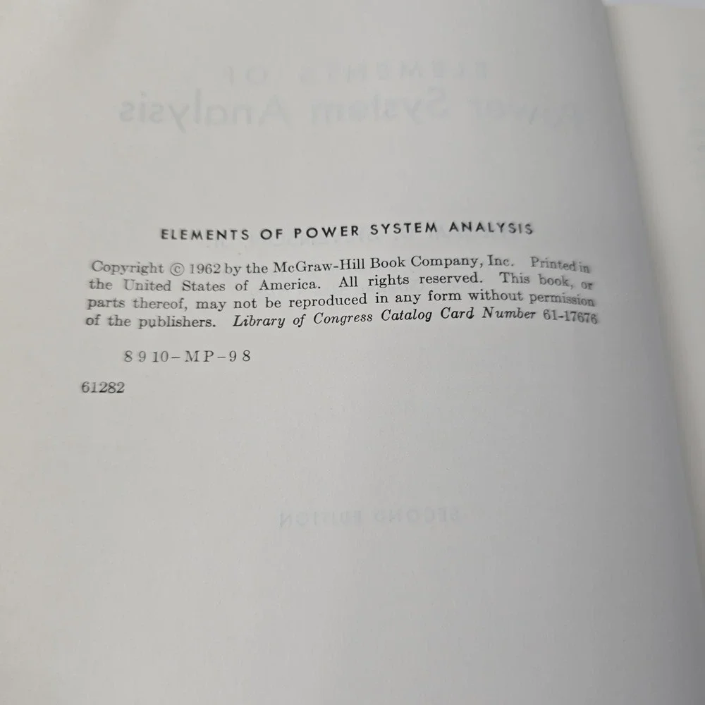 Elements of Power System Analysis‎ 2nd Edition 1962 Hardcover Stevenson McGraw
